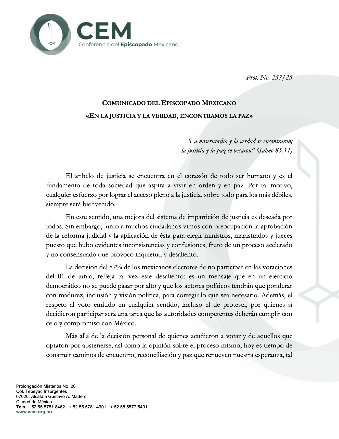 Prot. No. 257/25 COMUNICADO DEL EPISCOPADO MEXICANO «EN LA JUSTICIA Y LA VERDAD, ENCONTRAMOS LA PAZ»